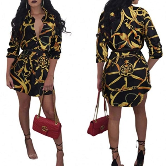 Dresses & Skirts - Floral Chain Button Down Collar Long Shirt Dress